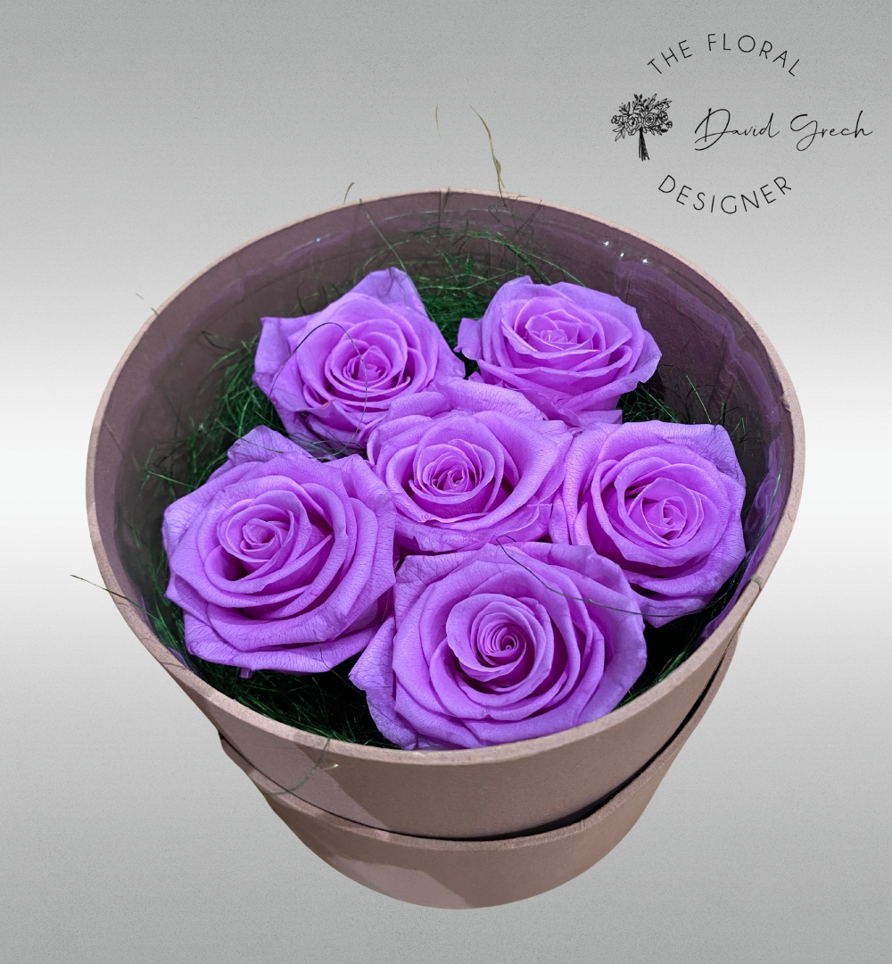 Purple Preserved Roses in a Luxury Hat Box.