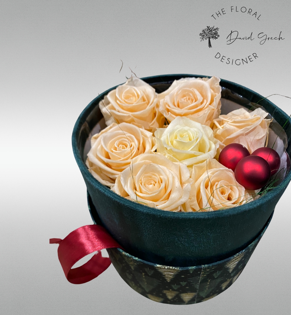 cream preserved roses in a premium hat box...
