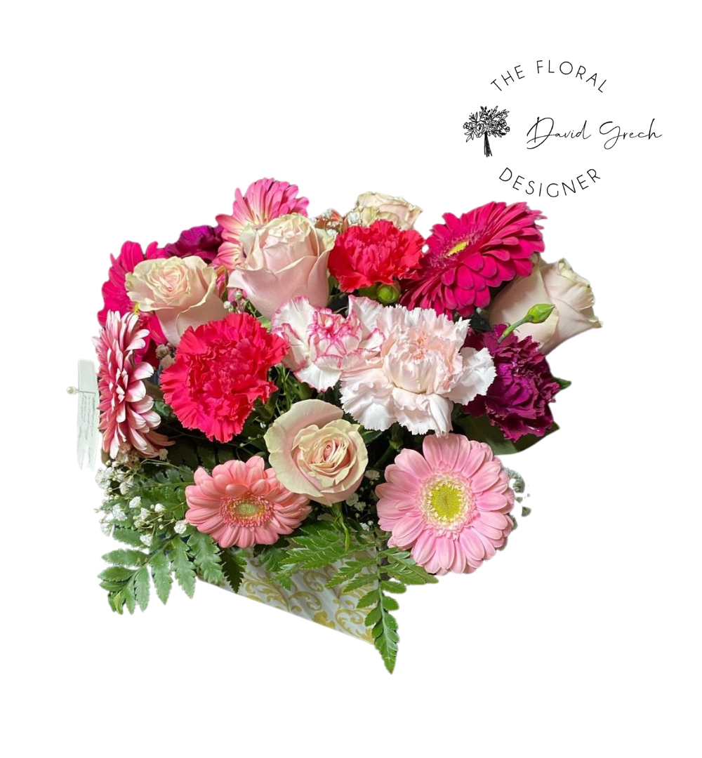 mixed pink flowers hat box