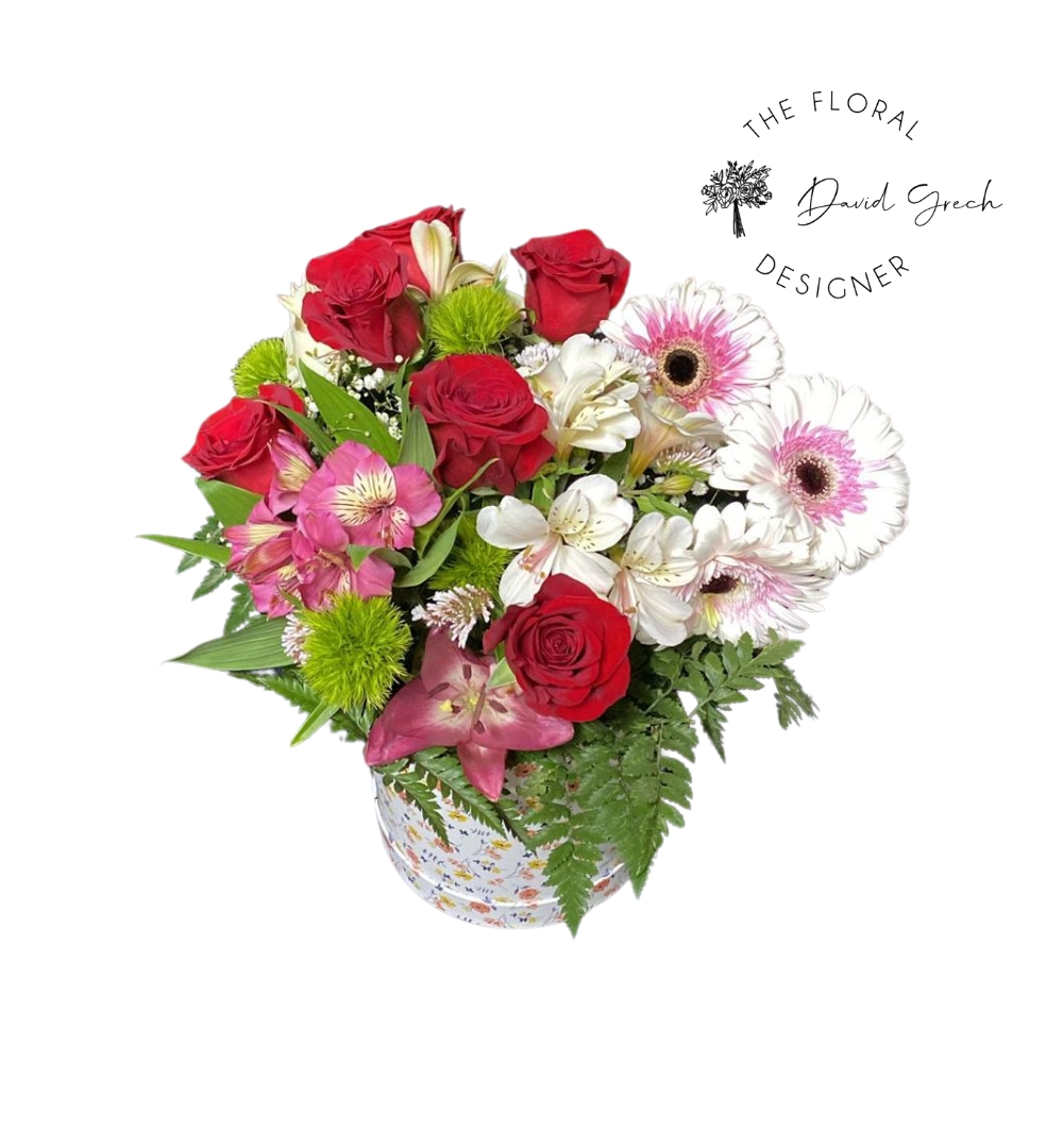 red roses and mixed flower hat box